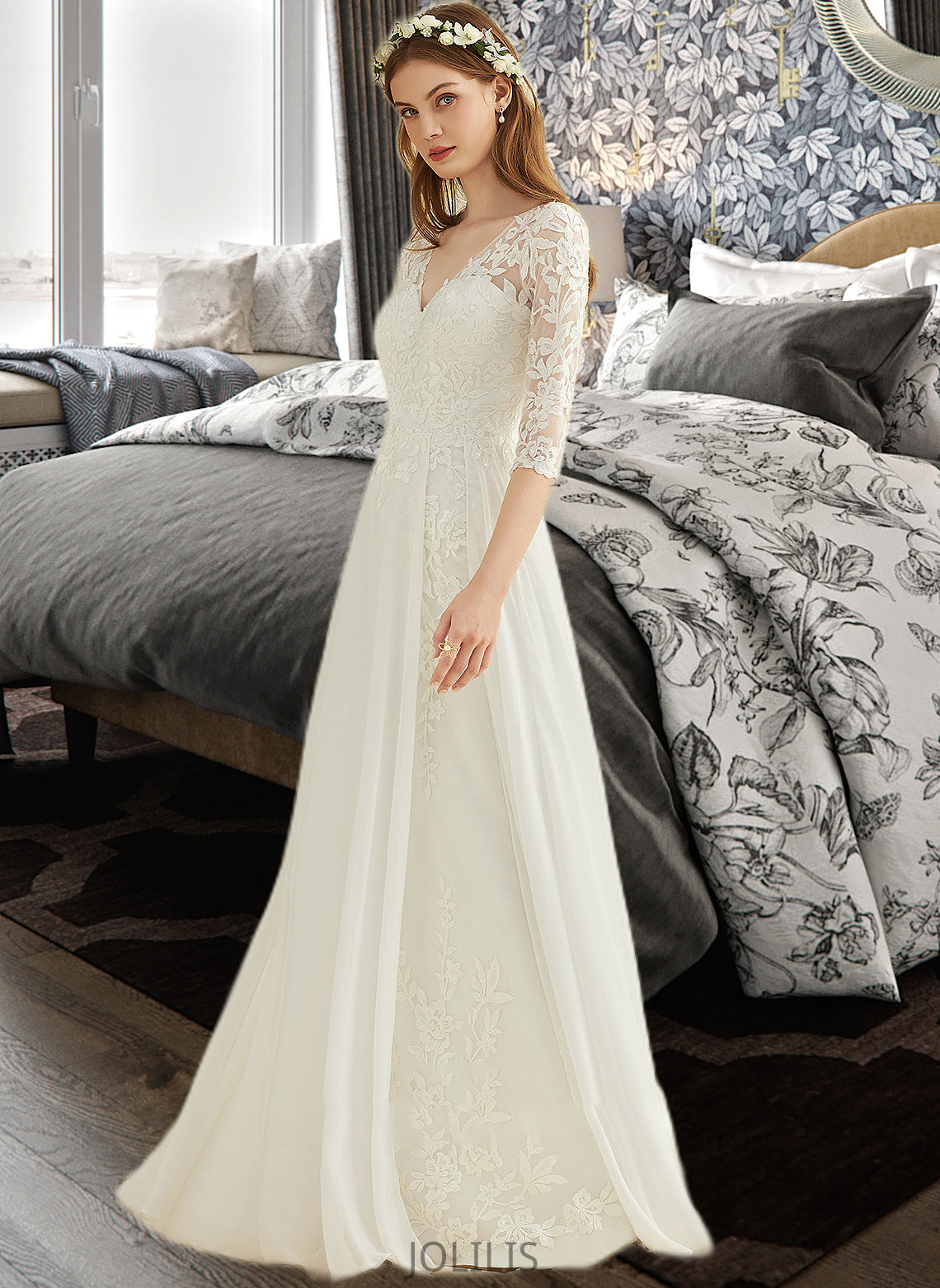 Pancy A-Line V-neck Floor-Length Chiffon Lace Wedding Dress HIP0013745