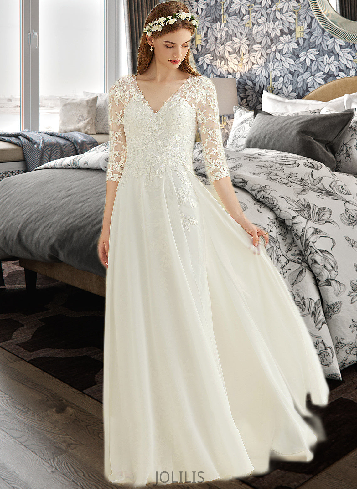 Pancy A-Line V-neck Floor-Length Chiffon Lace Wedding Dress HIP0013745