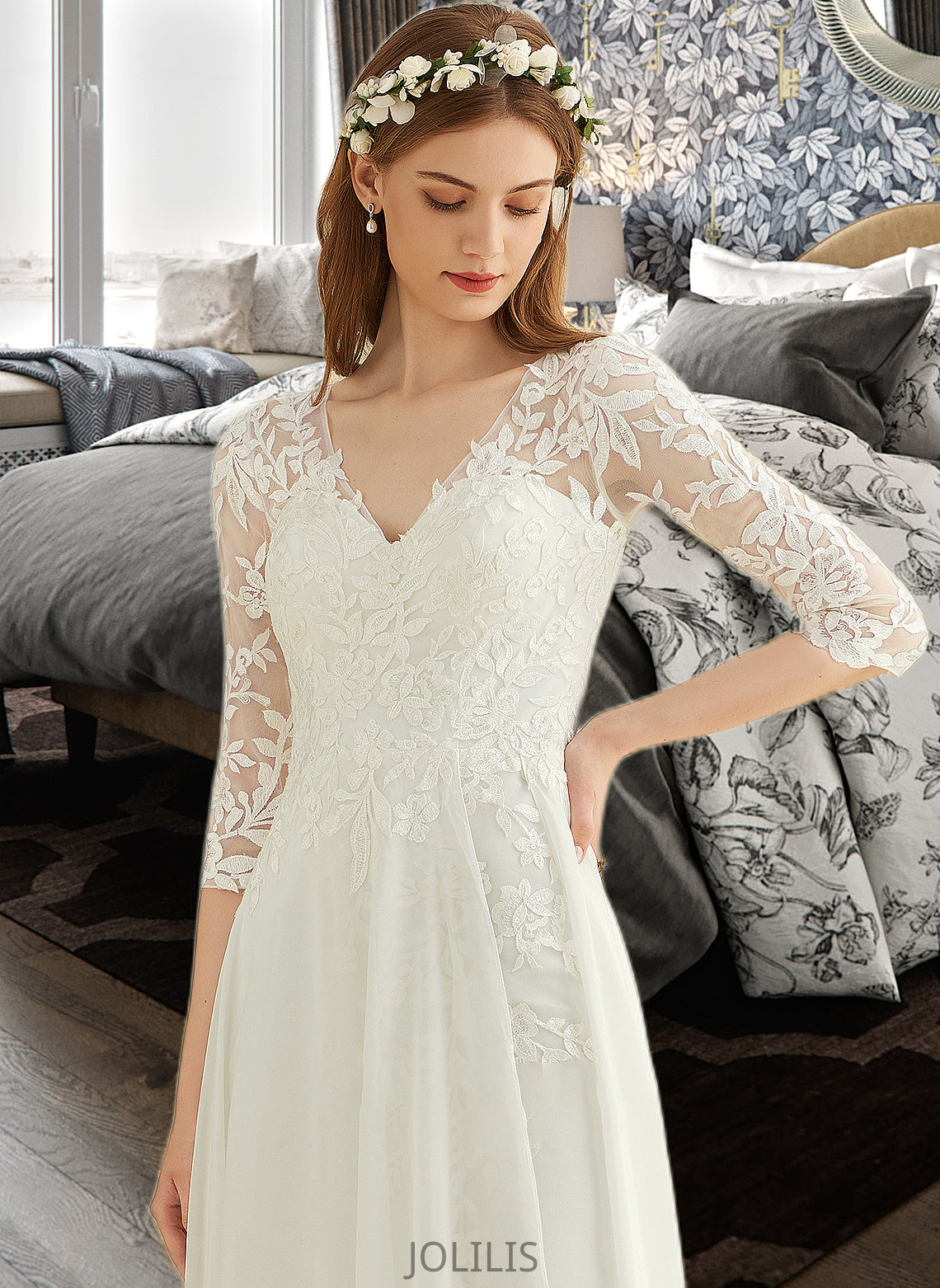 Pancy A-Line V-neck Floor-Length Chiffon Lace Wedding Dress HIP0013745