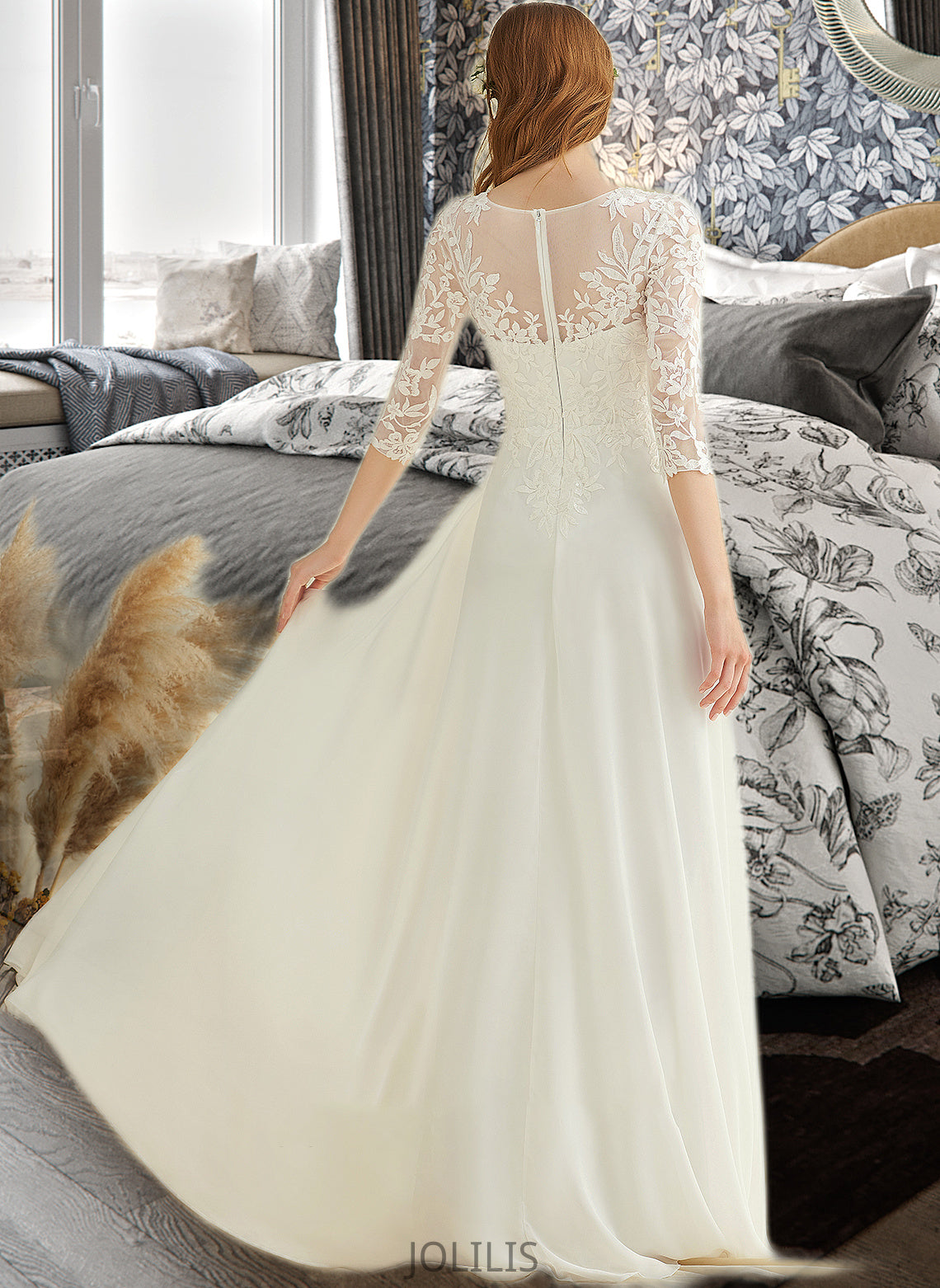 Pancy A-Line V-neck Floor-Length Chiffon Lace Wedding Dress HIP0013745