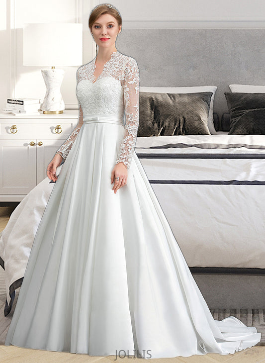 Kaley Ball-Gown/Princess V-neck Court Train Satin Wedding Dress With Bow(s) HIP0013746