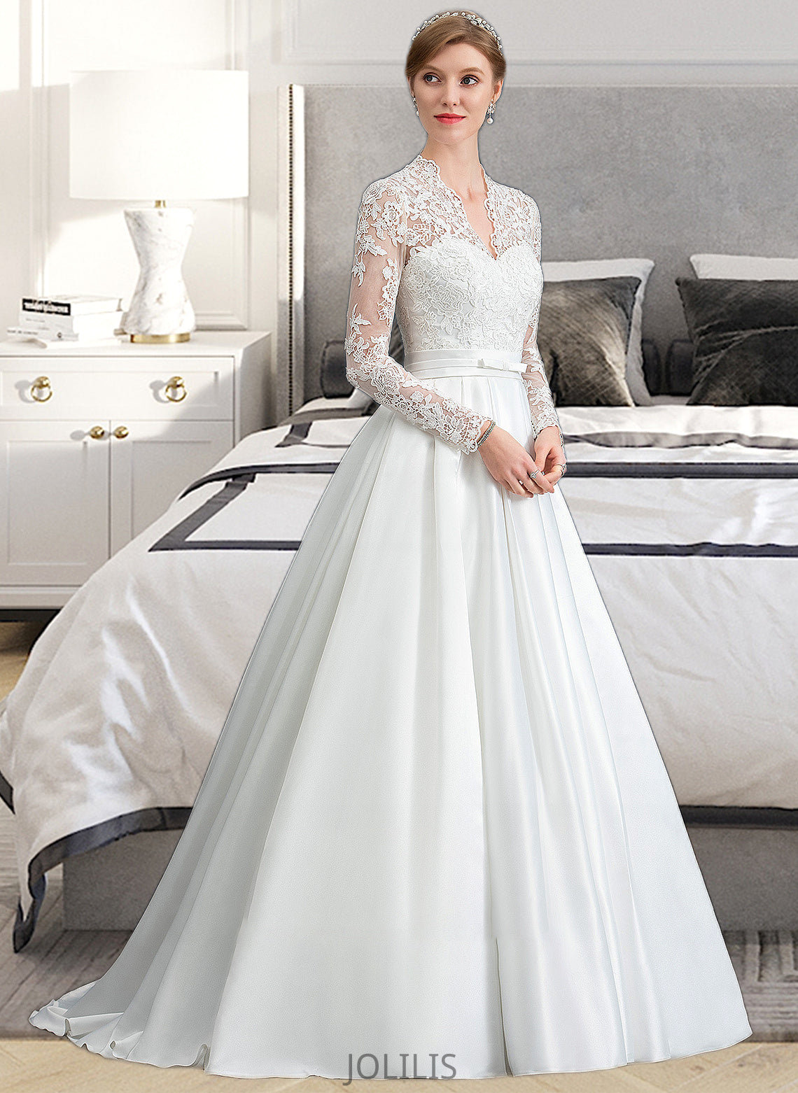 Kaley Ball-Gown/Princess V-neck Court Train Satin Wedding Dress With Bow(s) HIP0013746