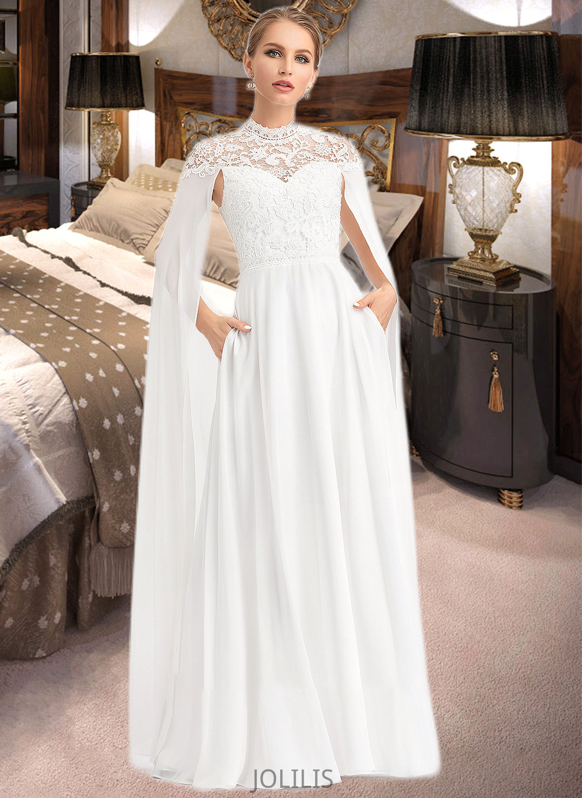 Marlee A-Line High Neck Floor-Length Chiffon Wedding Dress HIP0013748