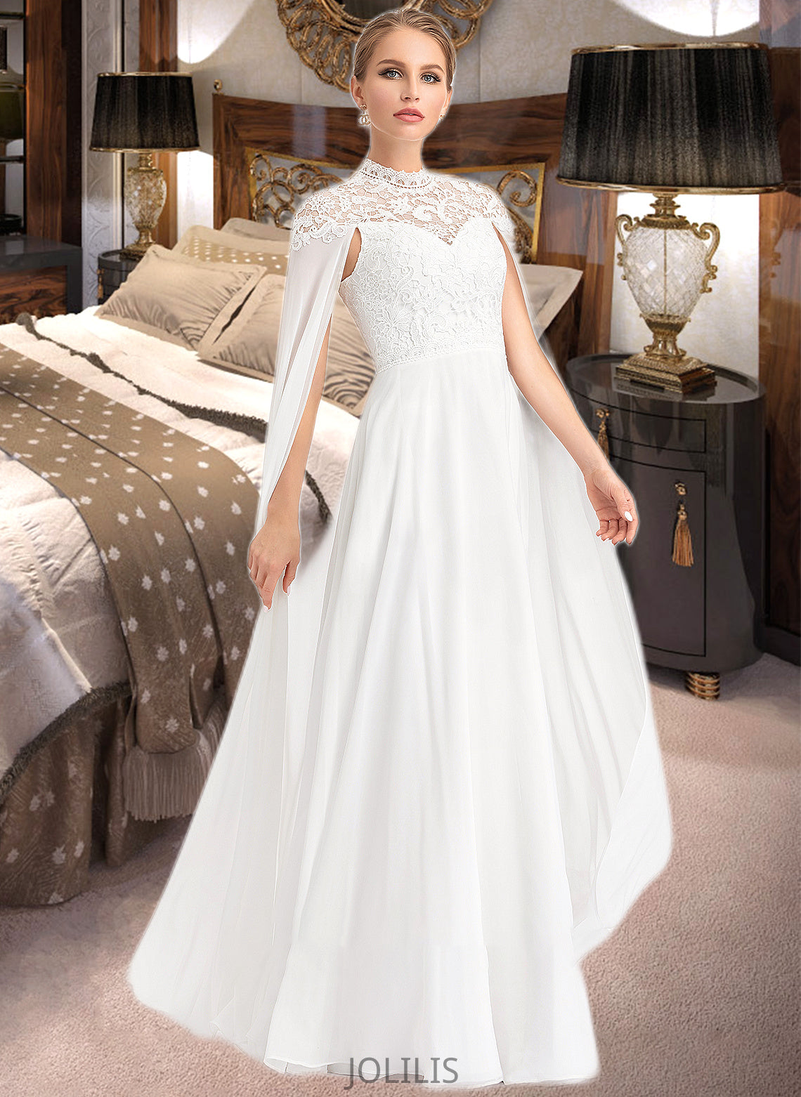 Marlee A-Line High Neck Floor-Length Chiffon Wedding Dress HIP0013748