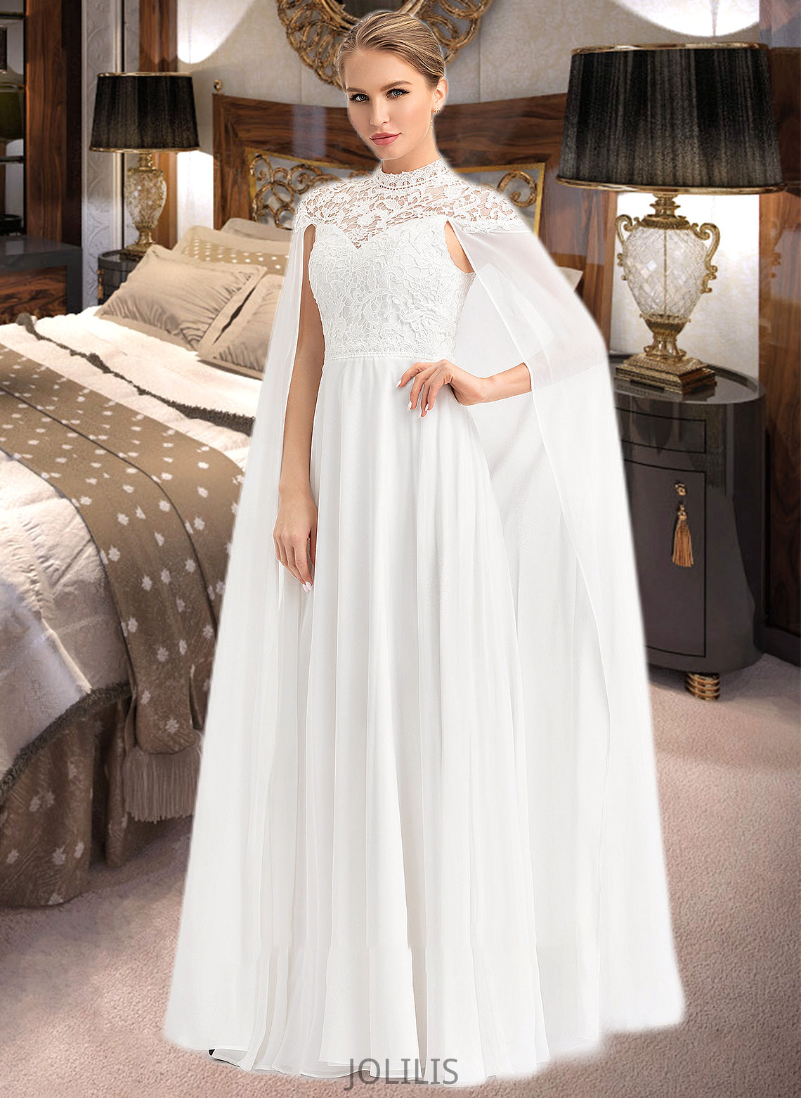 Marlee A-Line High Neck Floor-Length Chiffon Wedding Dress HIP0013748