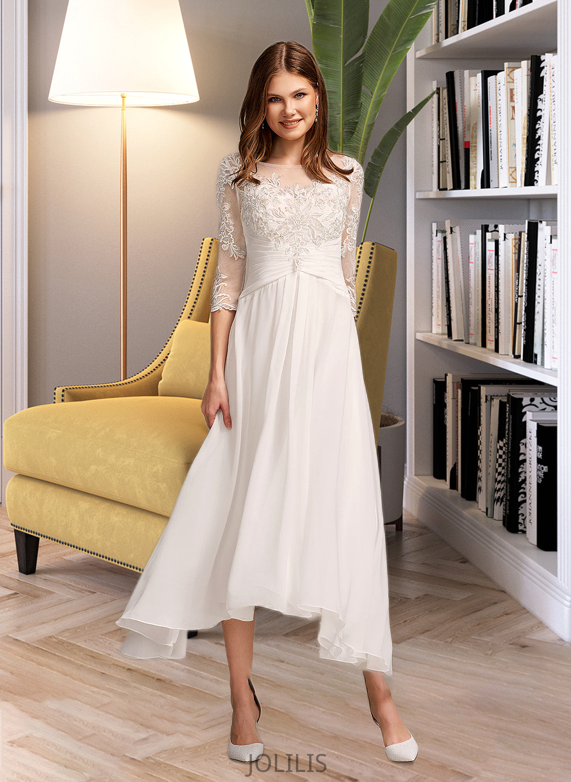 Mariah A-Line Illusion Asymmetrical Wedding Dress With Lace HIP0013749