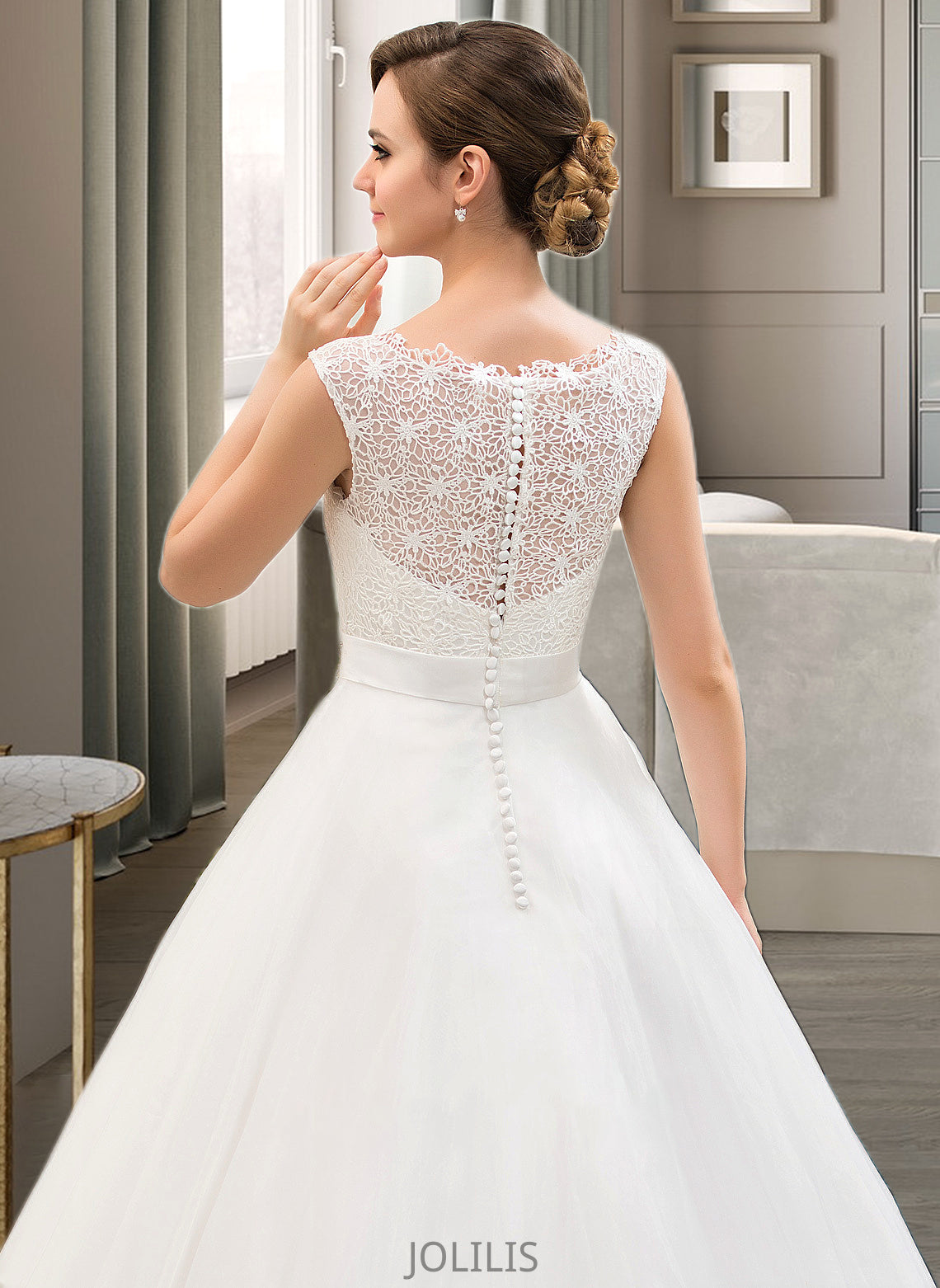 Jordan Ball-Gown/Princess Scoop Neck Sweep Train Organza Lace Wedding Dress With Beading Sequins HIP0013751