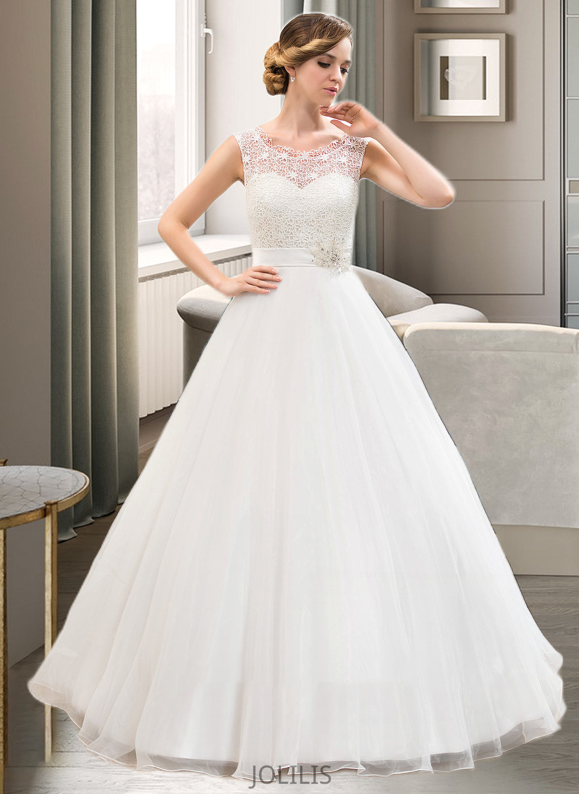 Jordan Ball-Gown/Princess Scoop Neck Sweep Train Organza Lace Wedding Dress With Beading Sequins HIP0013751