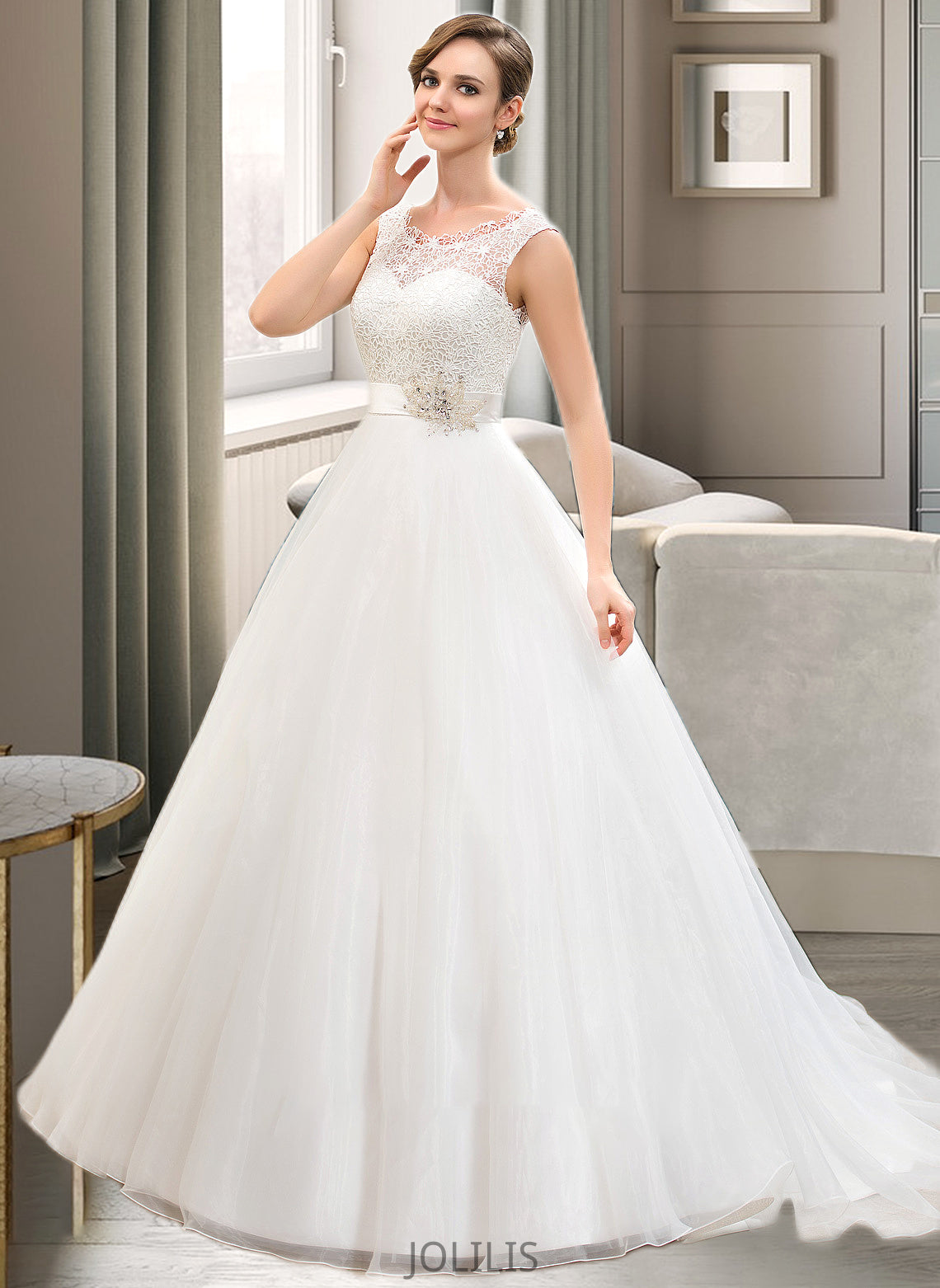 Jordan Ball-Gown/Princess Scoop Neck Sweep Train Organza Lace Wedding Dress With Beading Sequins HIP0013751