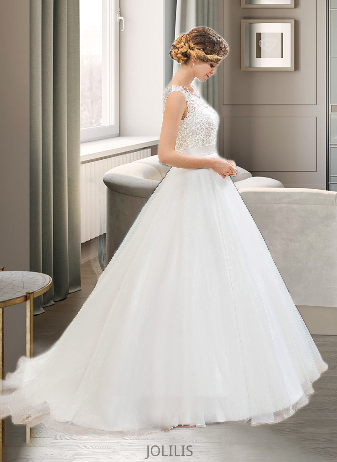 Jordan Ball-Gown/Princess Scoop Neck Sweep Train Organza Lace Wedding Dress With Beading Sequins HIP0013751