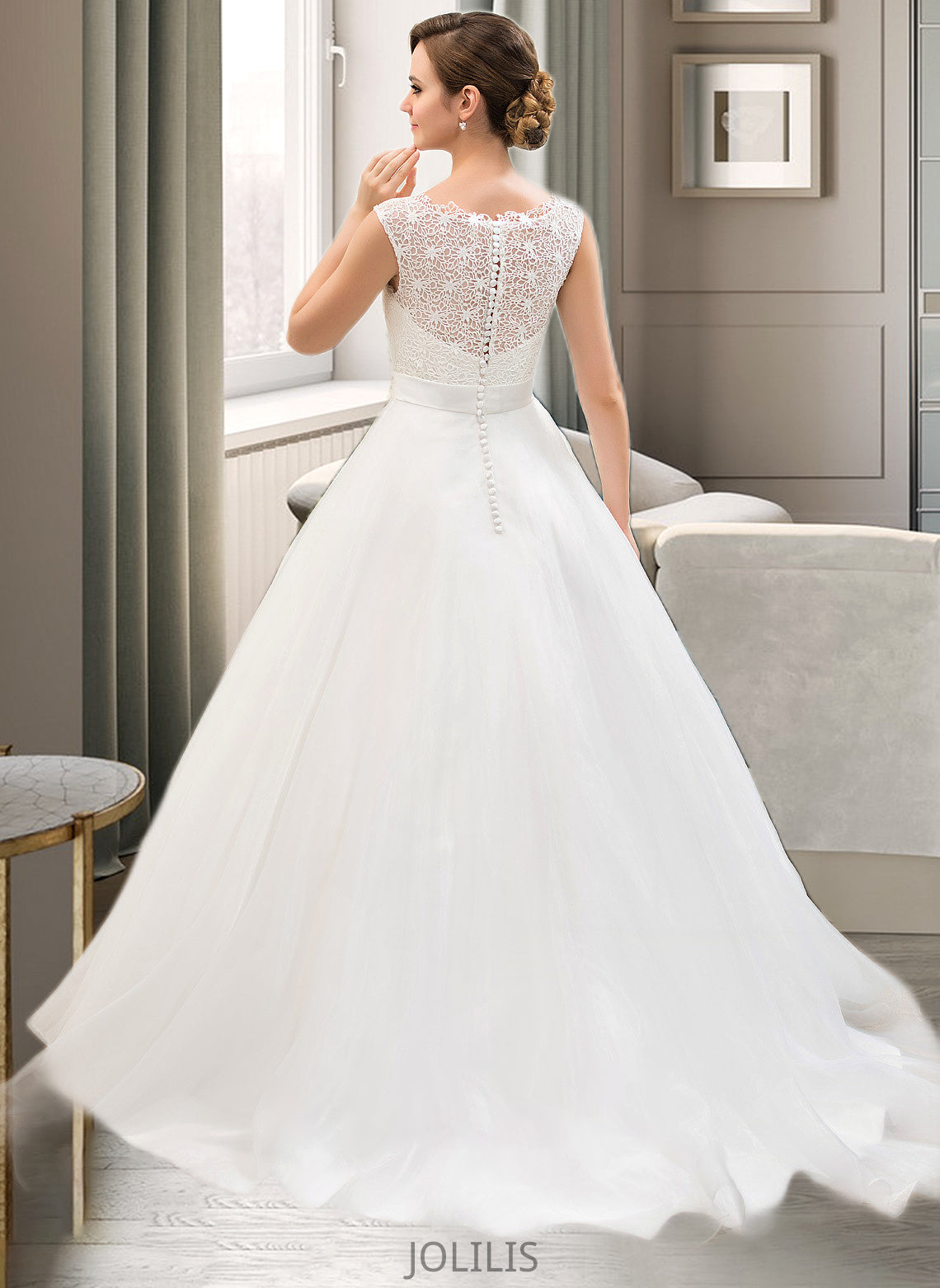 Jordan Ball-Gown/Princess Scoop Neck Sweep Train Organza Lace Wedding Dress With Beading Sequins HIP0013751