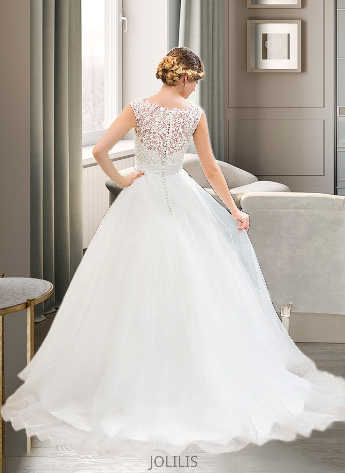 Jordan Ball-Gown/Princess Scoop Neck Sweep Train Organza Lace Wedding Dress With Beading Sequins HIP0013751