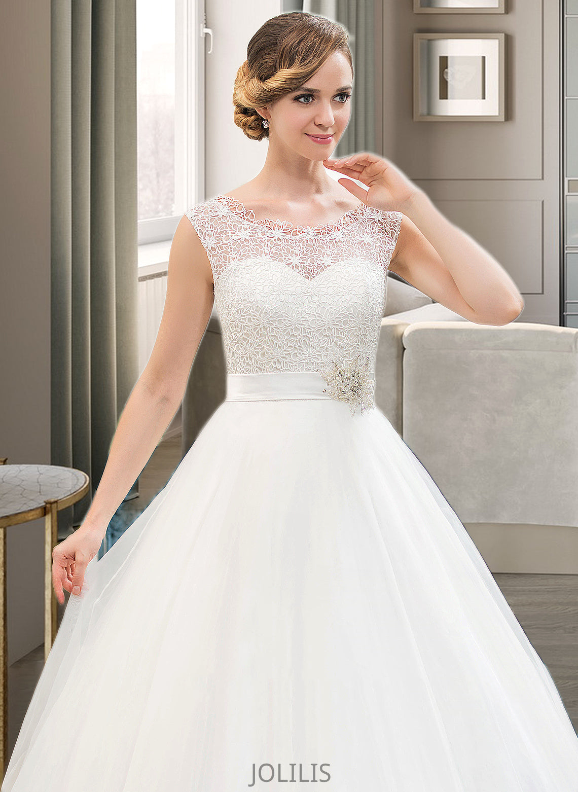 Jordan Ball-Gown/Princess Scoop Neck Sweep Train Organza Lace Wedding Dress With Beading Sequins HIP0013751