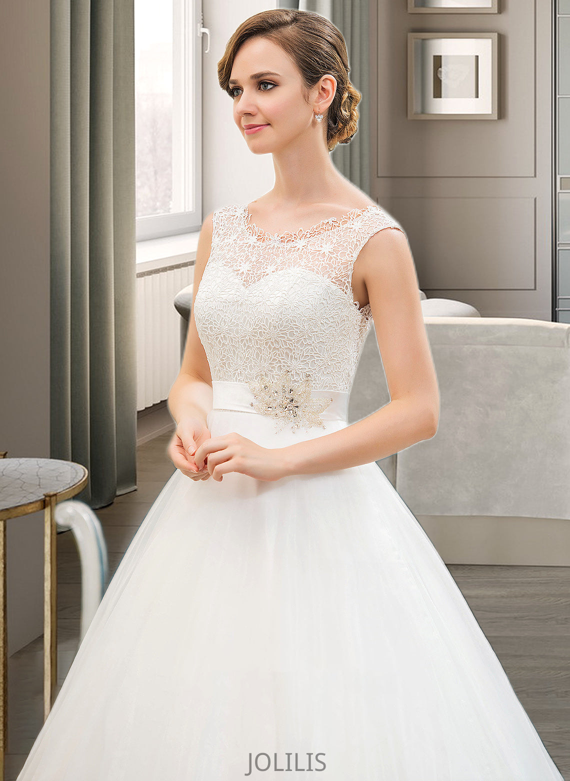 Jordan Ball-Gown/Princess Scoop Neck Sweep Train Organza Lace Wedding Dress With Beading Sequins HIP0013751