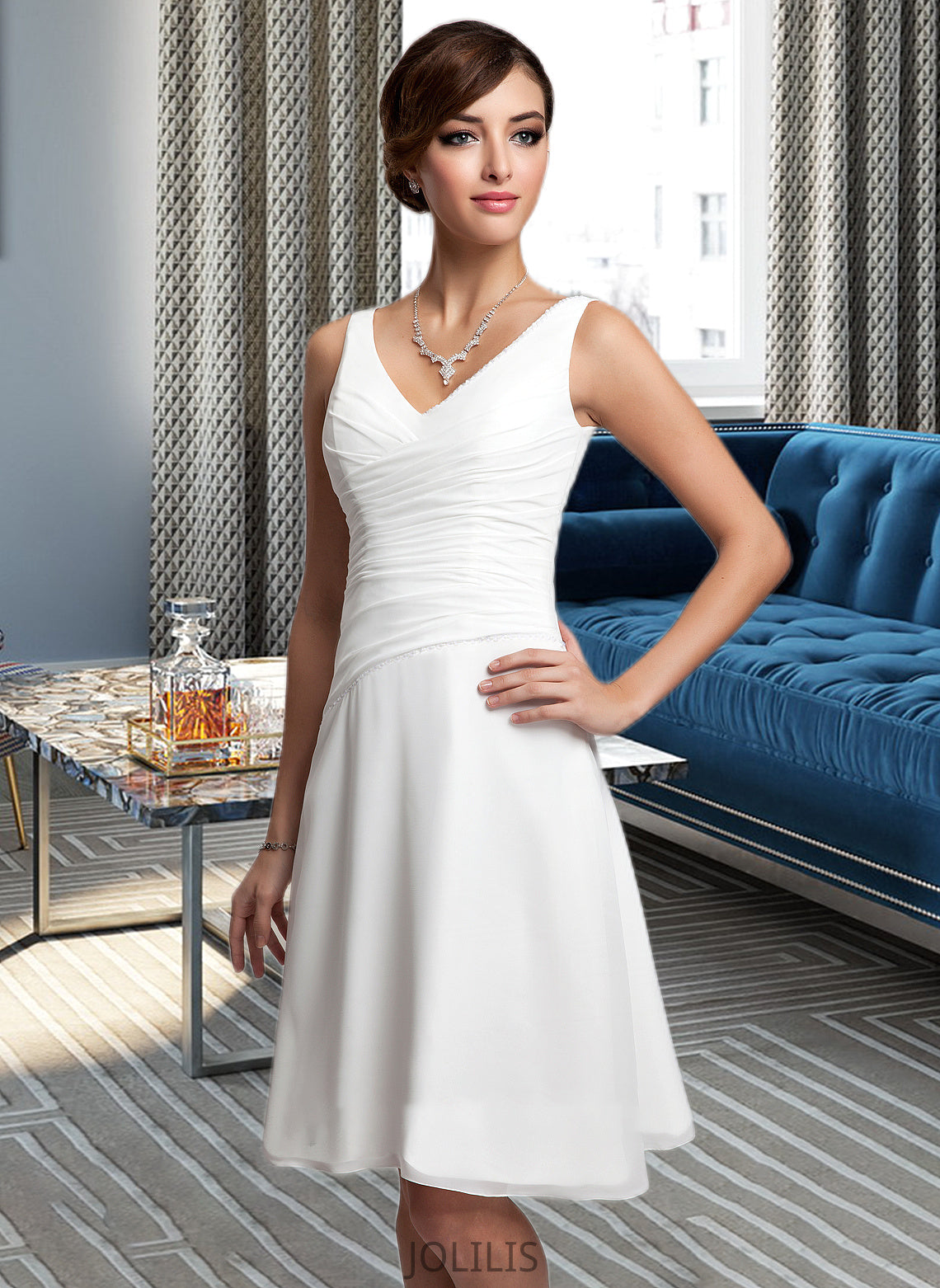 Eloise A-Line V-neck Knee-Length Chiffon Wedding Dress With Ruffle Beading Sequins HIP0013752