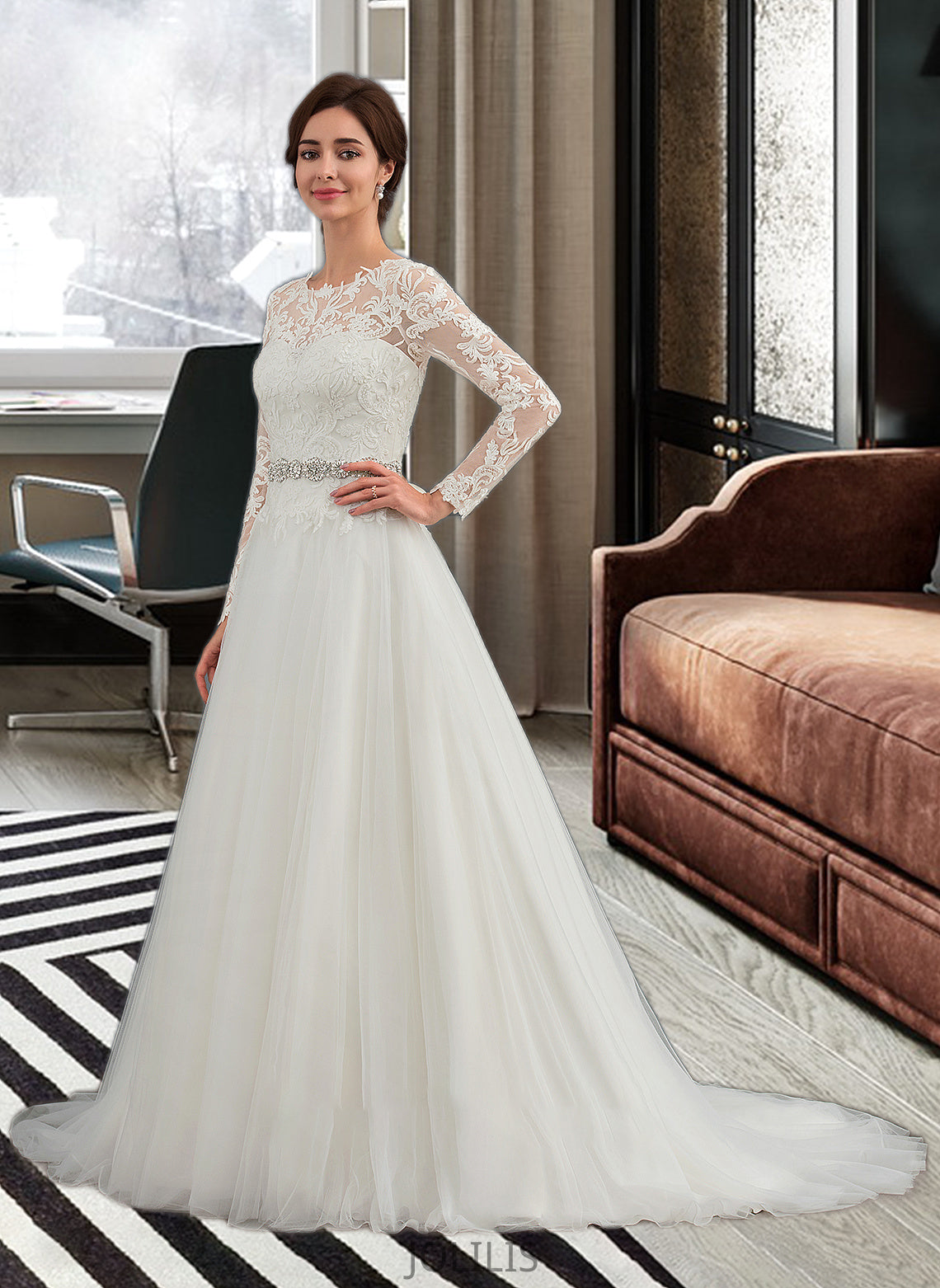 Audrina Ball-Gown/Princess Scoop Neck Sweep Train Tulle Wedding Dress HIP0013759