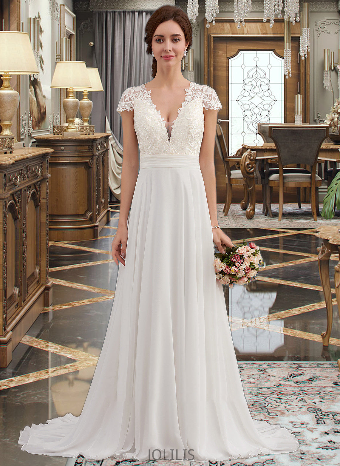 Macy A-Line V-neck Sweep Train Chiffon Wedding Dress With Ruffle HIP0013761