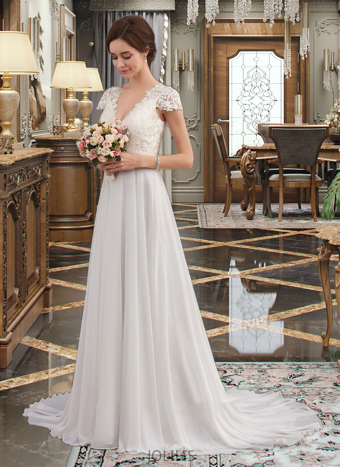 Macy A-Line V-neck Sweep Train Chiffon Wedding Dress With Ruffle HIP0013761