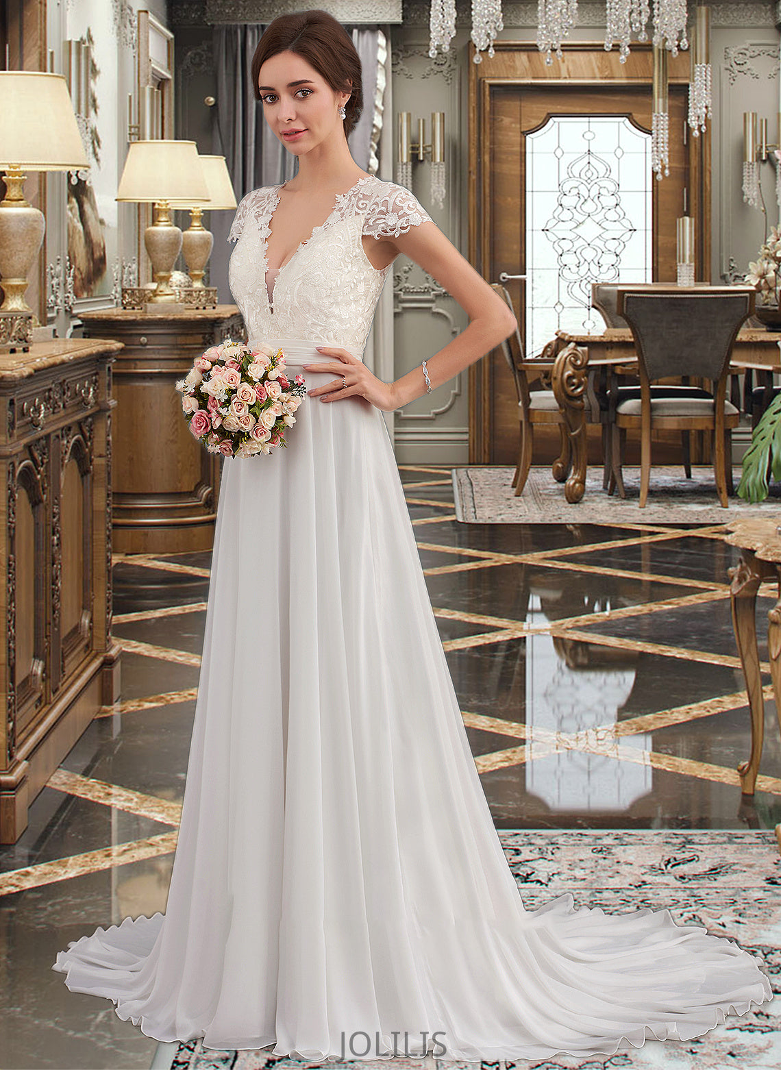 Macy A-Line V-neck Sweep Train Chiffon Wedding Dress With Ruffle HIP0013761