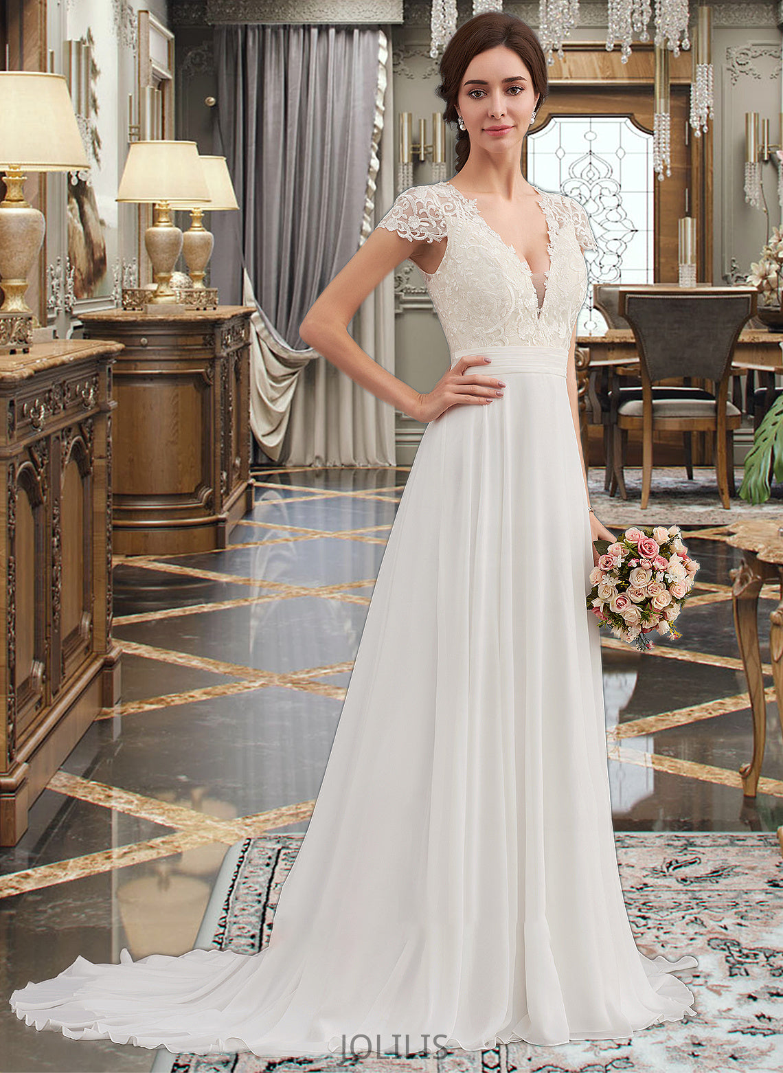 Macy A-Line V-neck Sweep Train Chiffon Wedding Dress With Ruffle HIP0013761