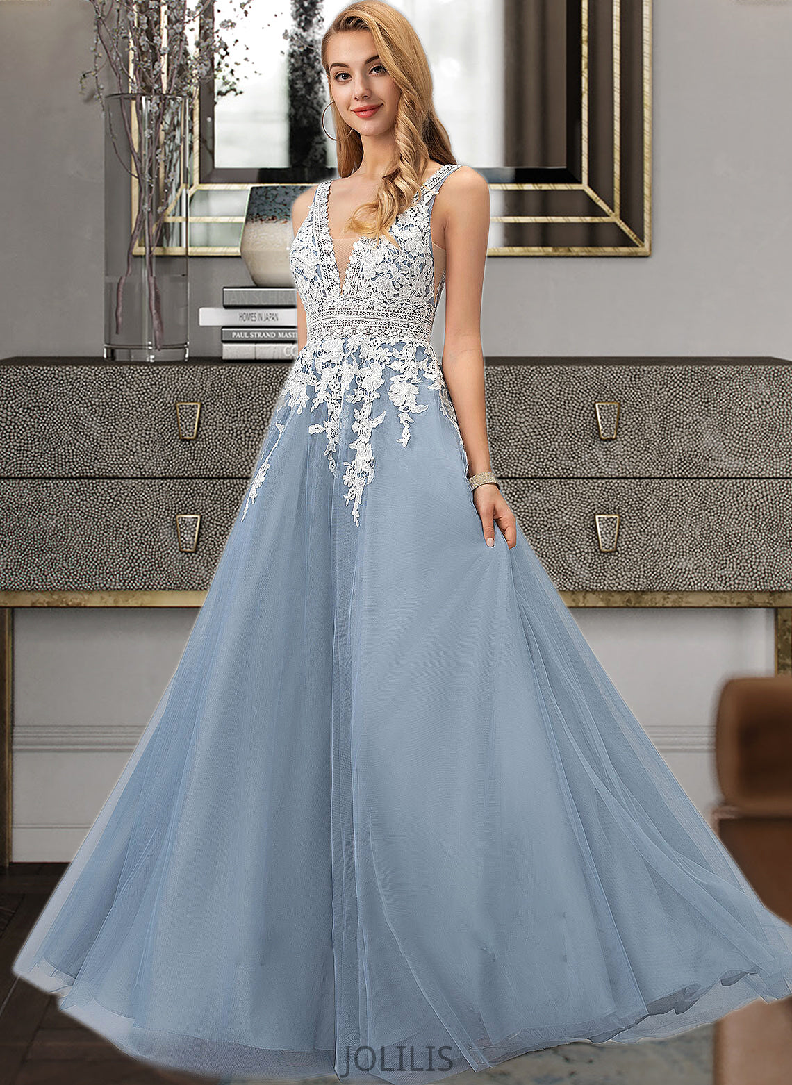 Shea Ball-Gown/Princess V-neck Floor-Length Tulle Wedding Dress With Lace HIP0013763