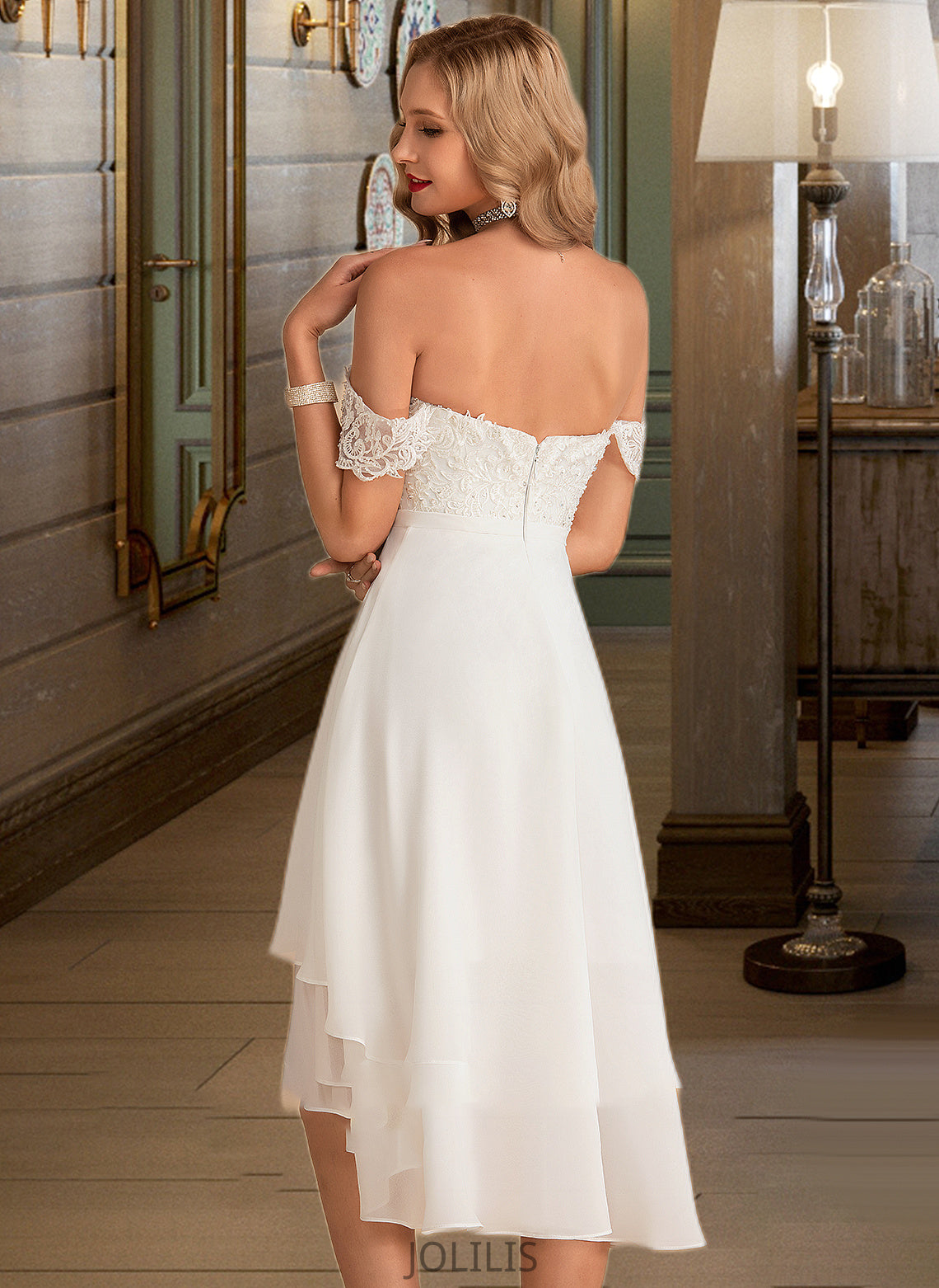 Scarlett A-Line Asymmetrical Chiffon Lace Wedding Dress With Beading Sequins HIP0013764