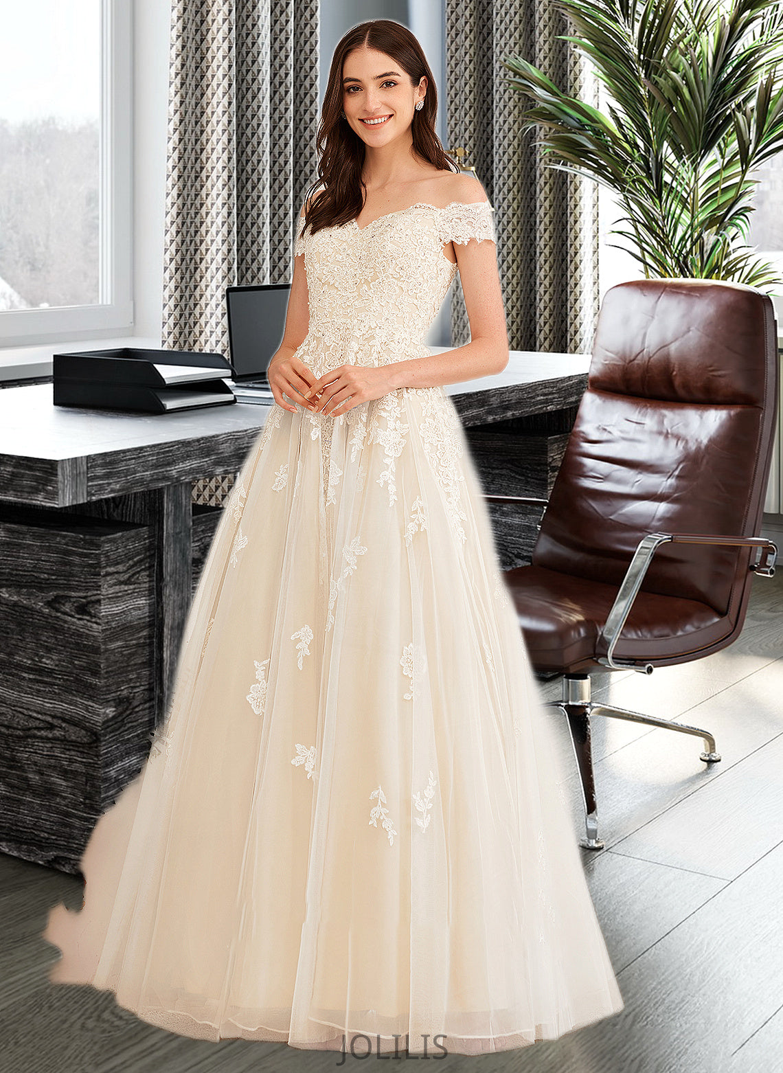 Amelie Ball-Gown/Princess Off-the-Shoulder Floor-Length Wedding Dress With Beading Sequins HIP0013765