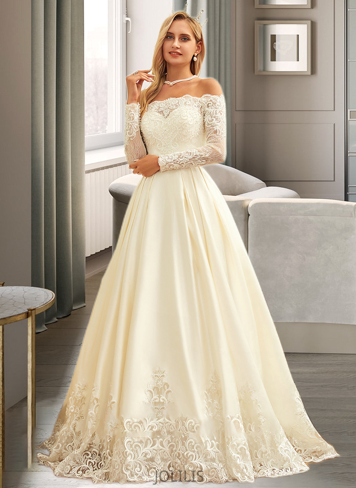 Coral Ball-Gown/Princess Sweep Train Satin Wedding Dress With Beading Sequins HIP0013768