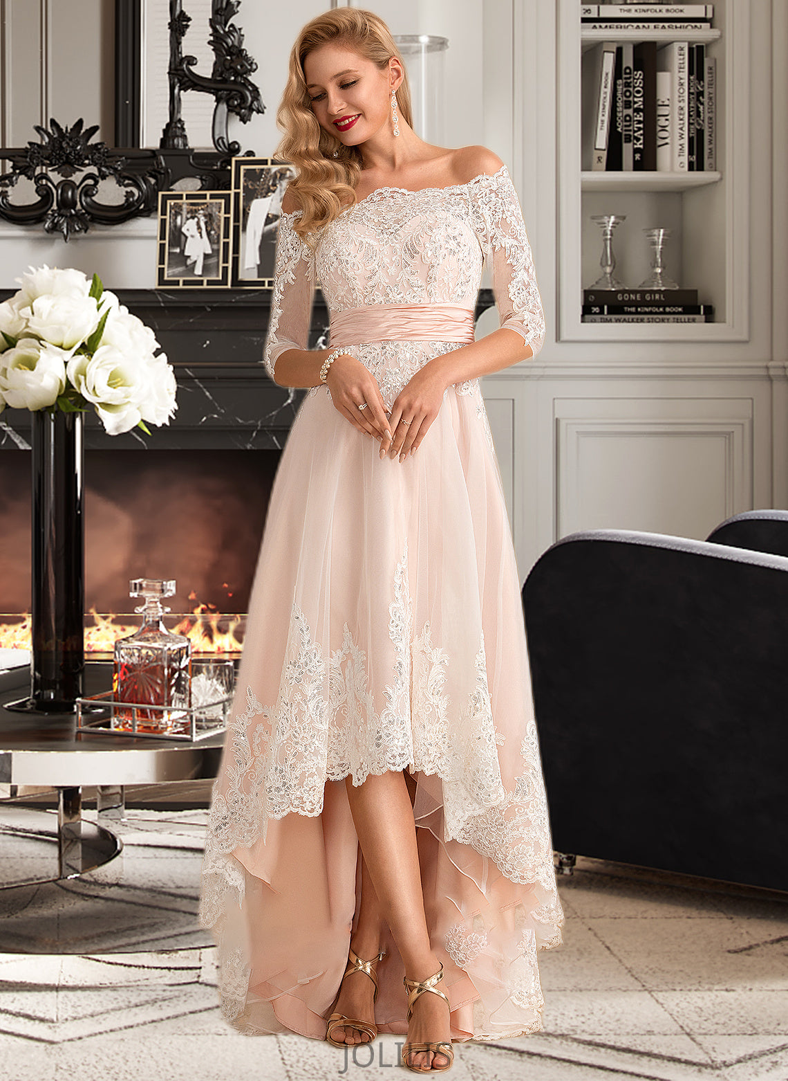 Tiara A-Line Asymmetrical Satin Tulle Lace Wedding Dress With Sequins HIP0013769