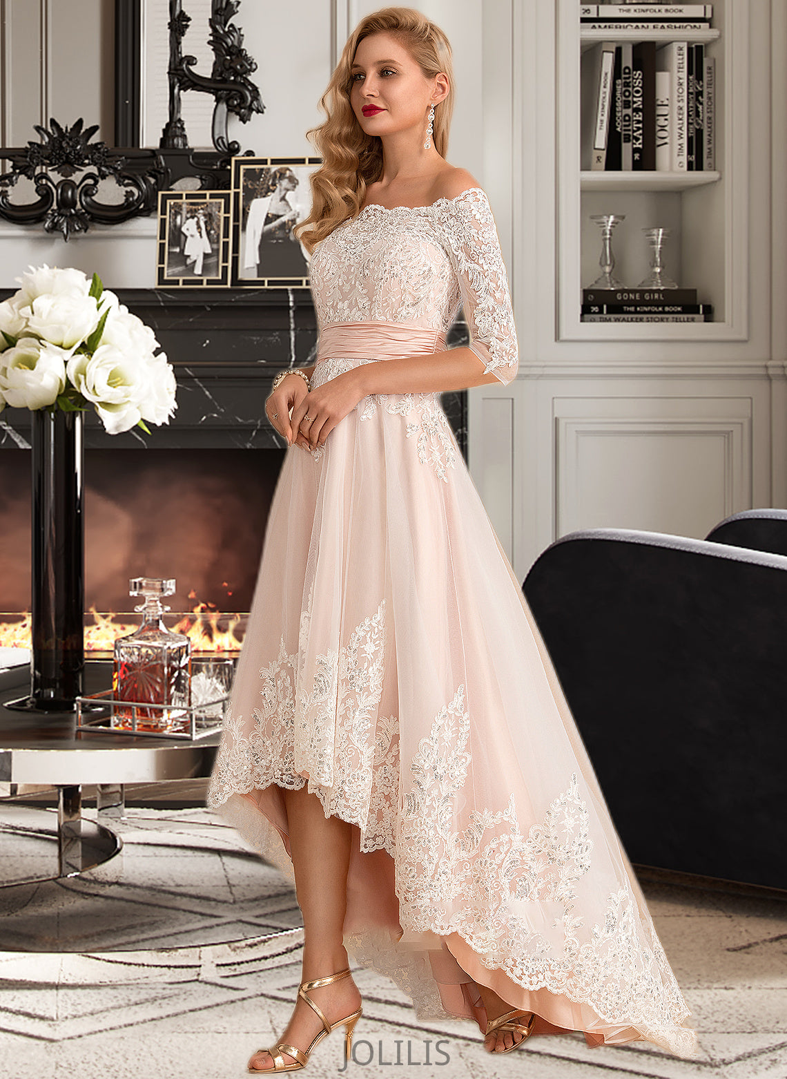 Tiara A-Line Asymmetrical Satin Tulle Lace Wedding Dress With Sequins HIP0013769