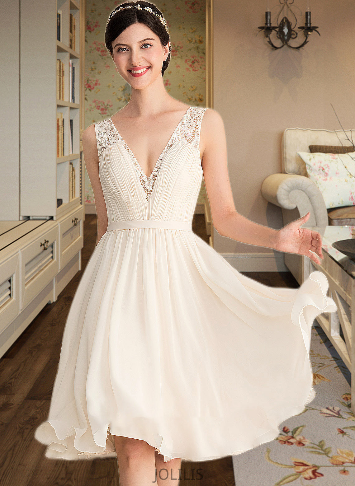 Sandy A-Line V-neck Knee-Length Chiffon Lace Wedding Dress With Ruffle HIP0013794