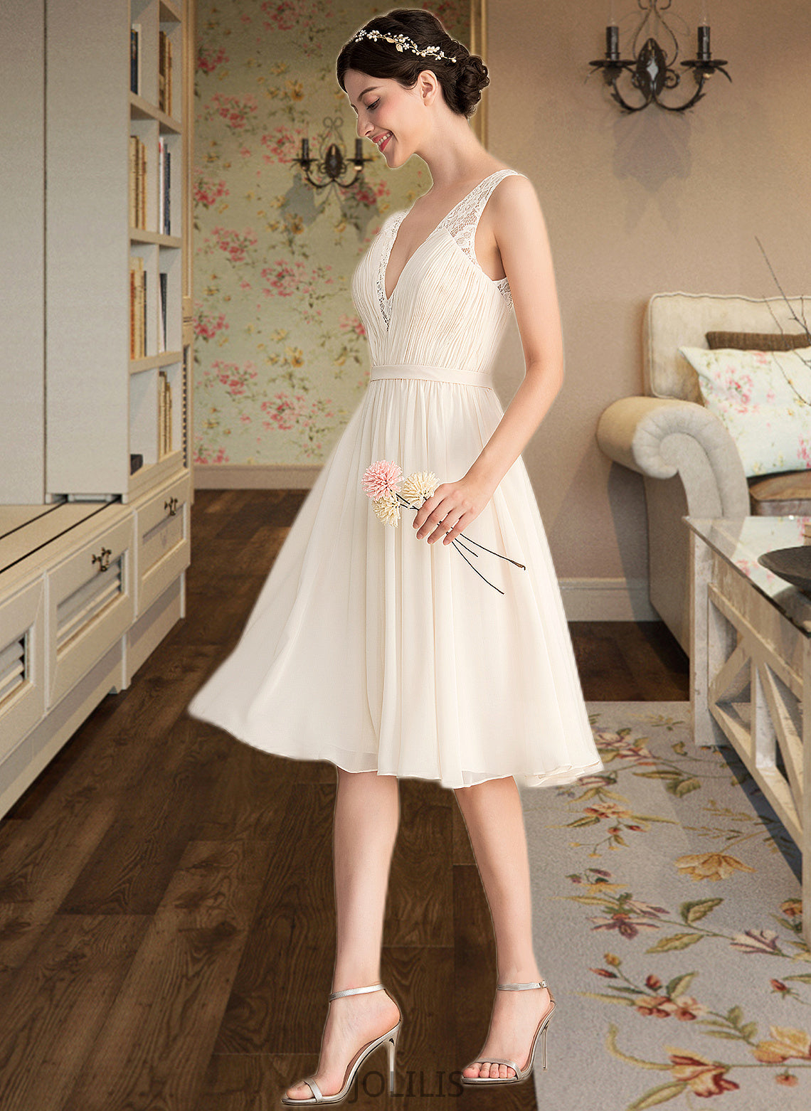 Sandy A-Line V-neck Knee-Length Chiffon Lace Wedding Dress With Ruffle HIP0013794