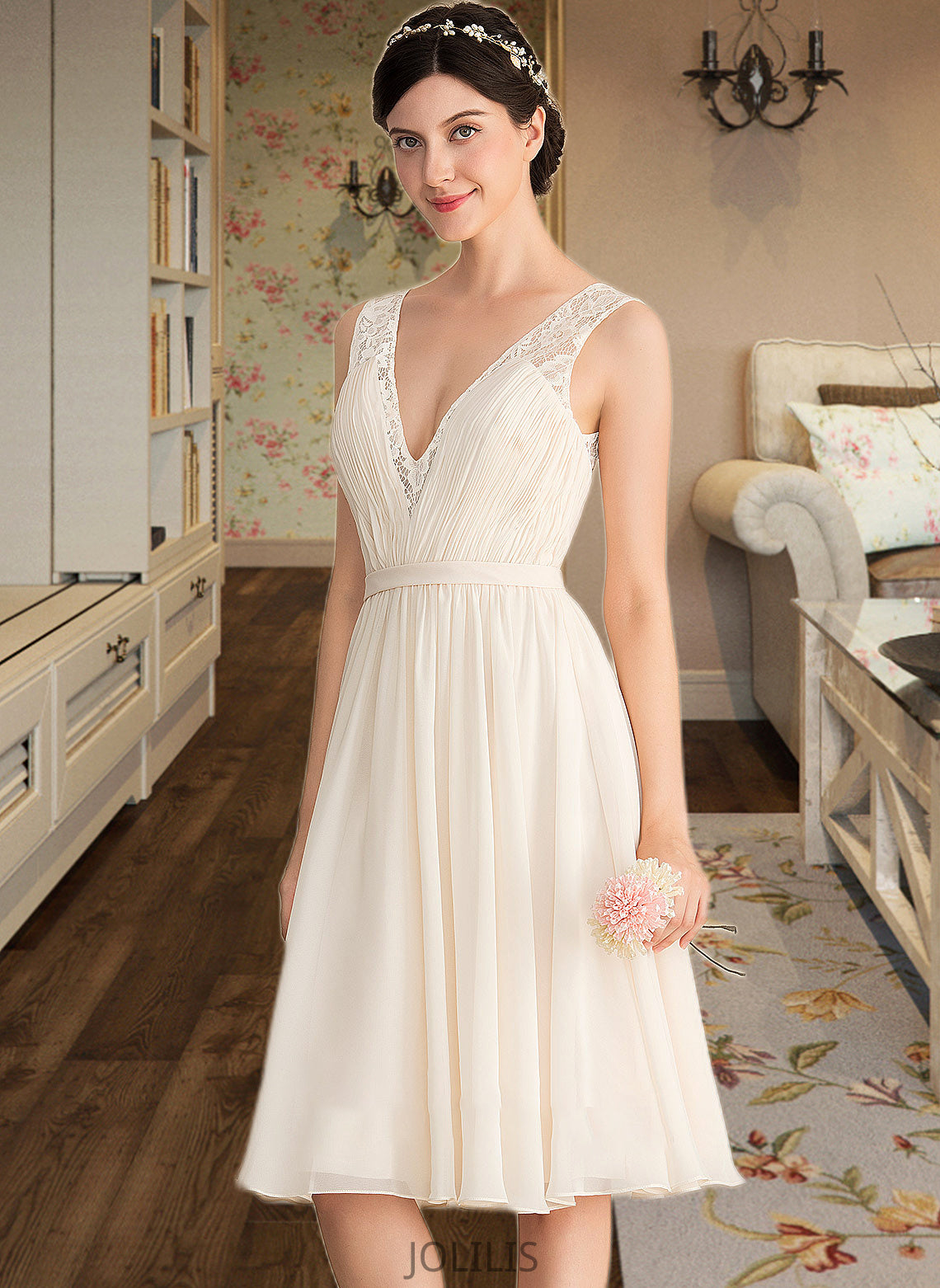 Sandy A-Line V-neck Knee-Length Chiffon Lace Wedding Dress With Ruffle HIP0013794