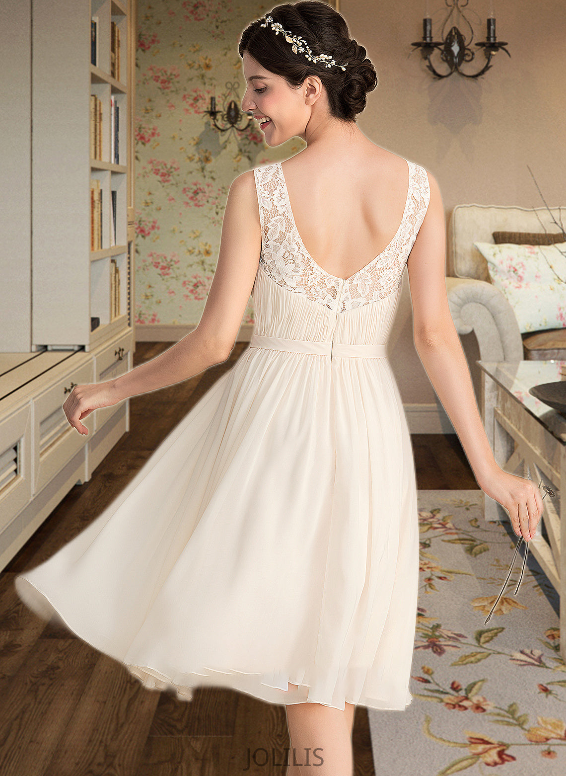 Sandy A-Line V-neck Knee-Length Chiffon Lace Wedding Dress With Ruffle HIP0013794