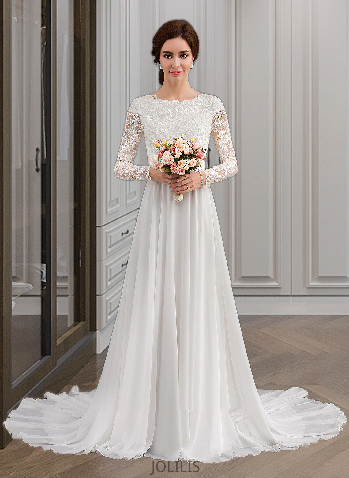 Bailey A-Line Scoop Neck Court Train Chiffon Wedding Dress With Beading HIP0013800