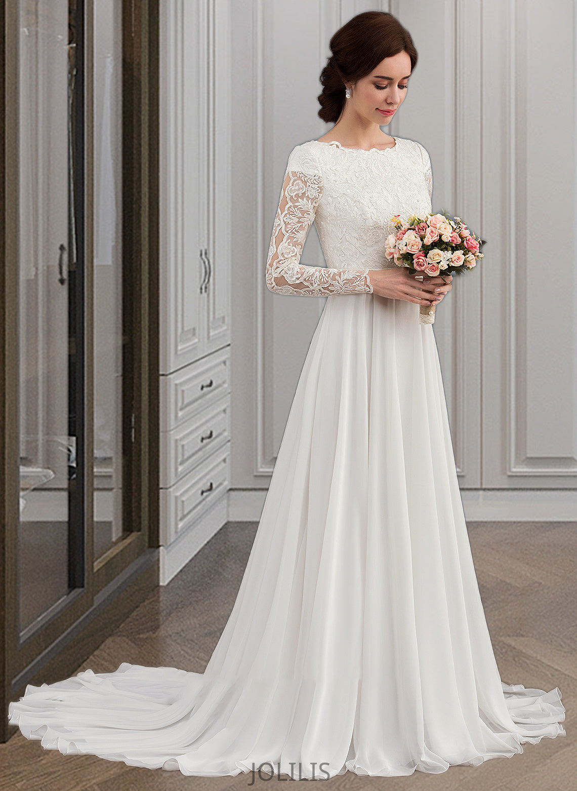 Bailey A-Line Scoop Neck Court Train Chiffon Wedding Dress With Beading HIP0013800