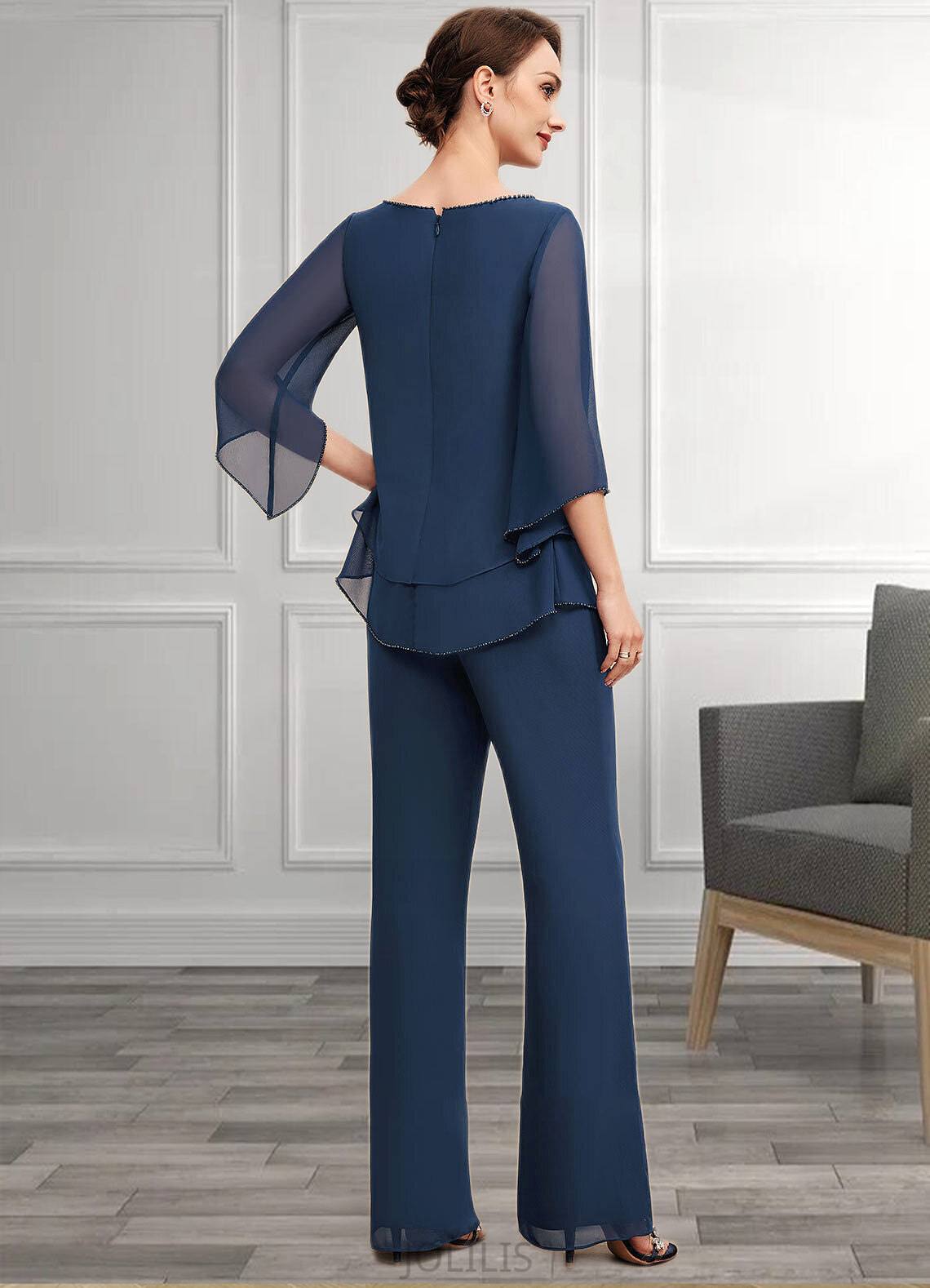 Lily Jumpsuit/Pantsuit Scoop Neck Floor-Length Chiffon Mother of the Bride Dress With Beading HI126P0014548