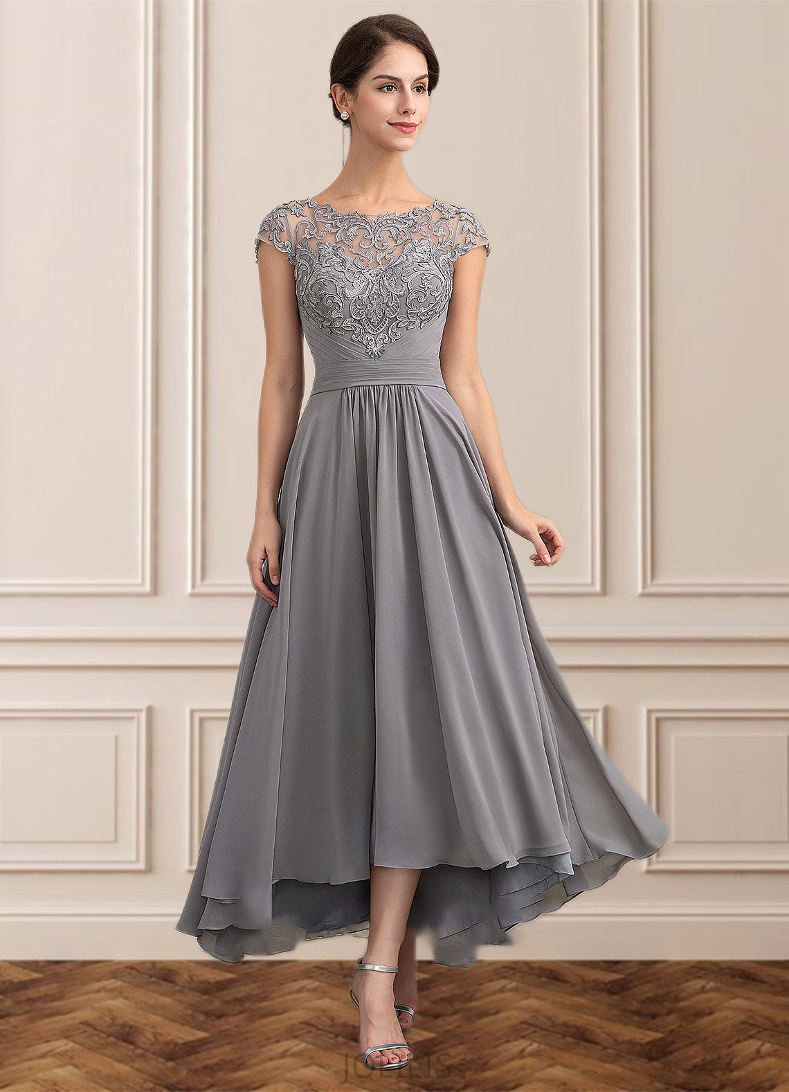 Felicity A-Line Scoop Neck Asymmetrical Chiffon Lace Mother of the Bride Dress HI126P0014556