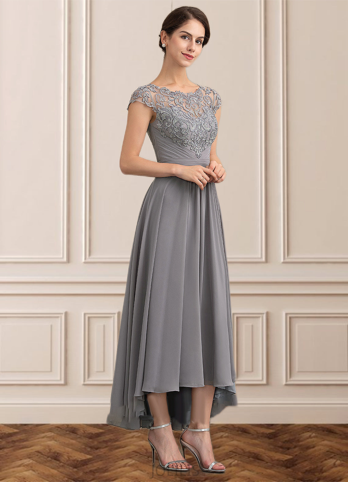 Felicity A-Line Scoop Neck Asymmetrical Chiffon Lace Mother of the Bride Dress HI126P0014556