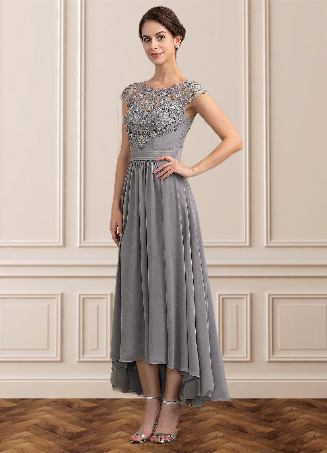 Felicity A-Line Scoop Neck Asymmetrical Chiffon Lace Mother of the Bride Dress HI126P0014556