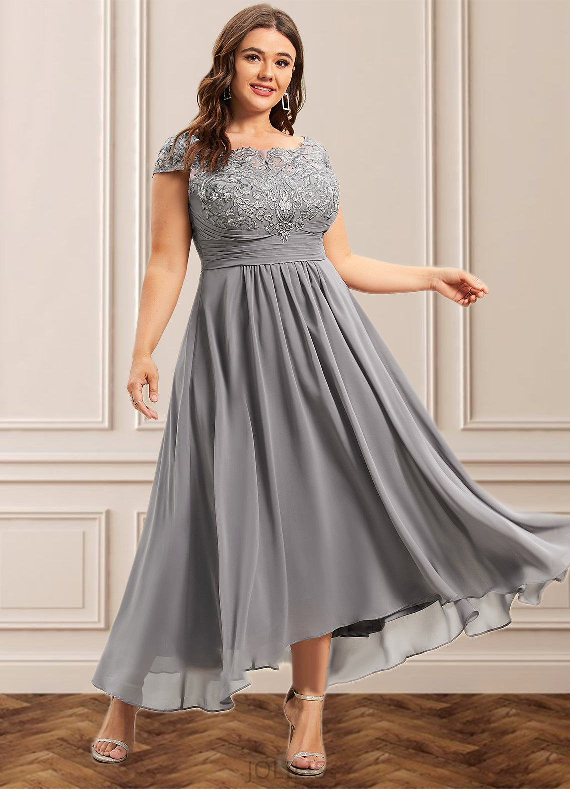 Felicity A-Line Scoop Neck Asymmetrical Chiffon Lace Mother of the Bride Dress HI126P0014556