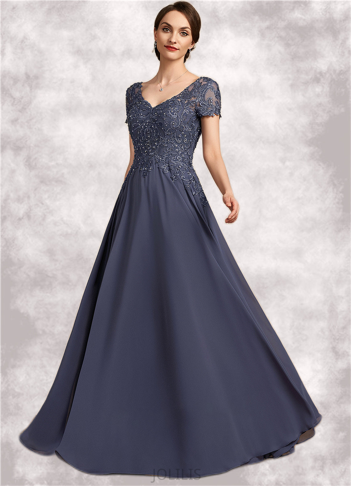 Skylar A-line V-Neck Floor-Length Chiffon Lace Mother of the Bride Dress With Beading Sequins HI126P0014614