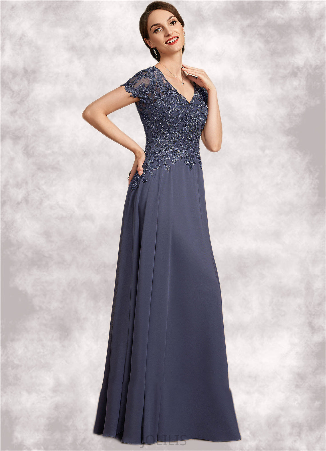 Skylar A-line V-Neck Floor-Length Chiffon Lace Mother of the Bride Dress With Beading Sequins HI126P0014614