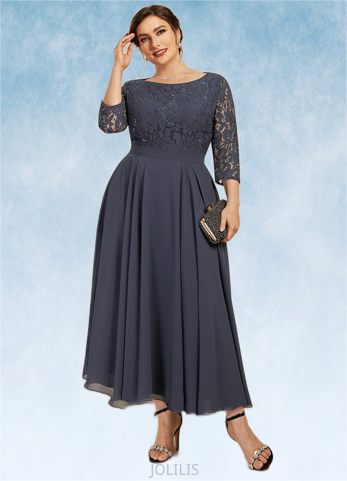 Mackenzie A-Line Scoop Neck Tea-Length Chiffon Lace Mother of the Bride Dress With Sequins HI126P0014621