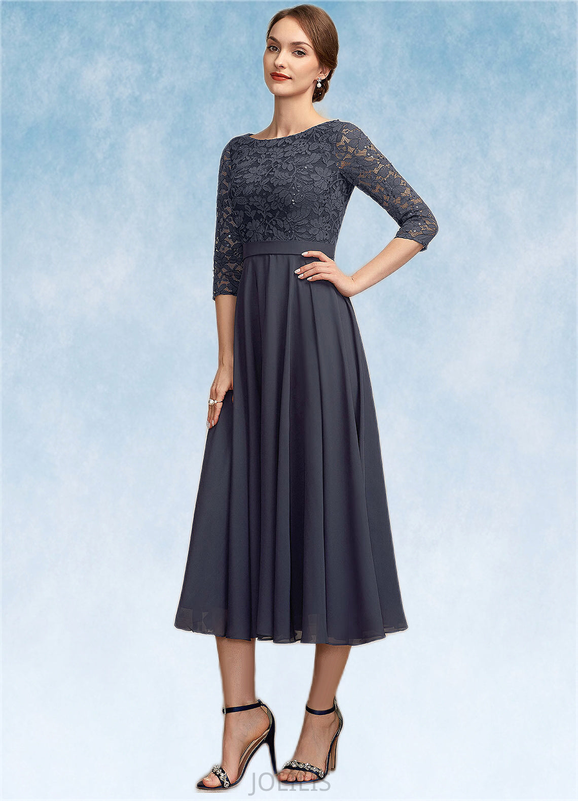 Mackenzie A-Line Scoop Neck Tea-Length Chiffon Lace Mother of the Bride Dress With Sequins HI126P0014621