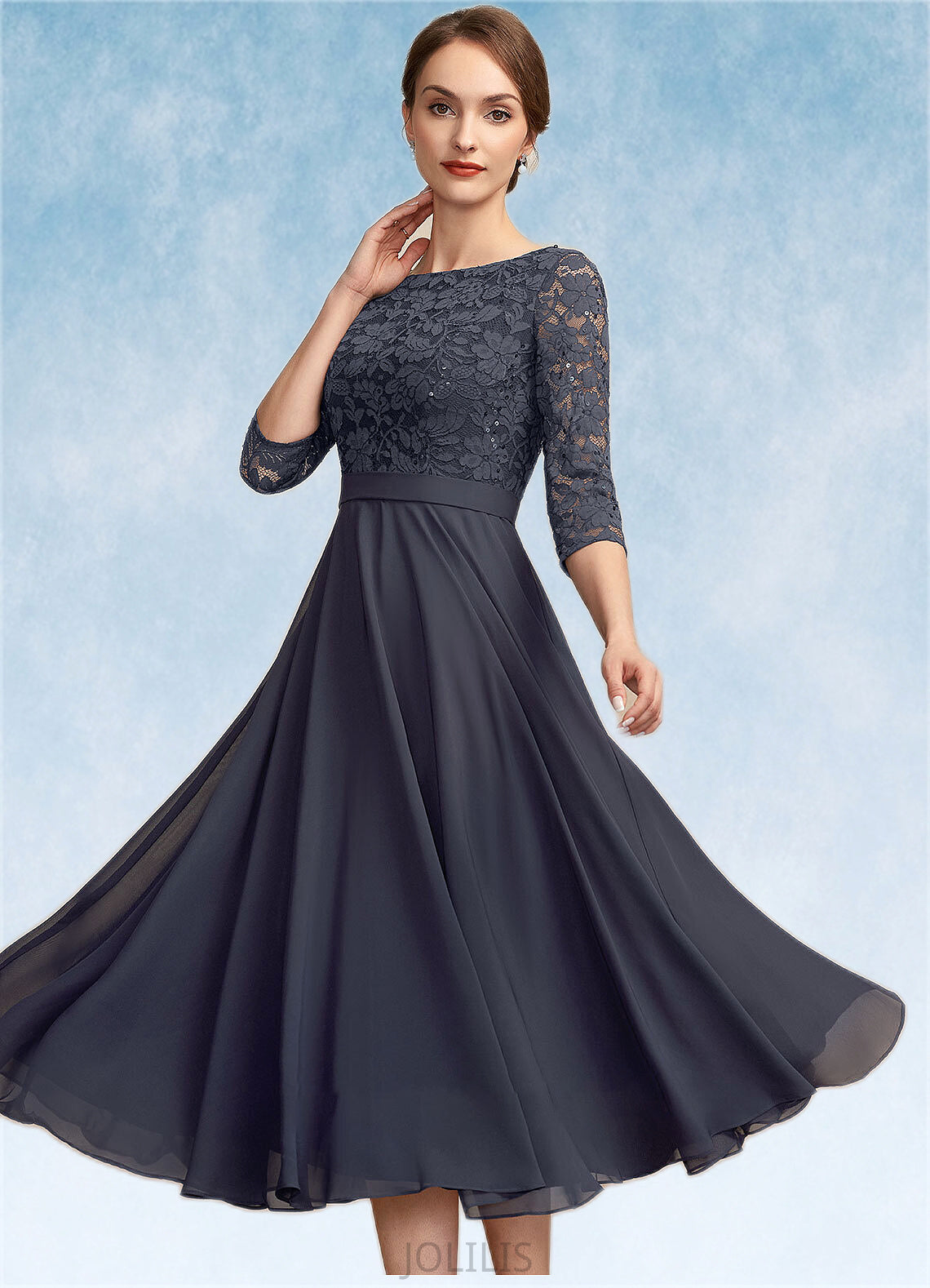 Mackenzie A-Line Scoop Neck Tea-Length Chiffon Lace Mother of the Bride Dress With Sequins HI126P0014621