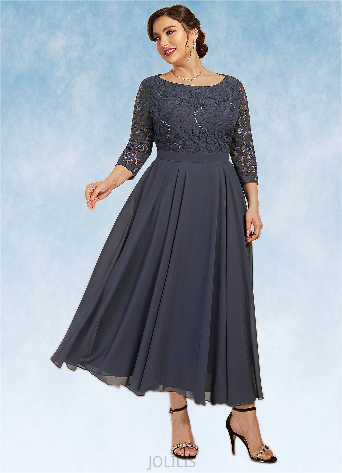 Mackenzie A-Line Scoop Neck Tea-Length Chiffon Lace Mother of the Bride Dress With Sequins HI126P0014621