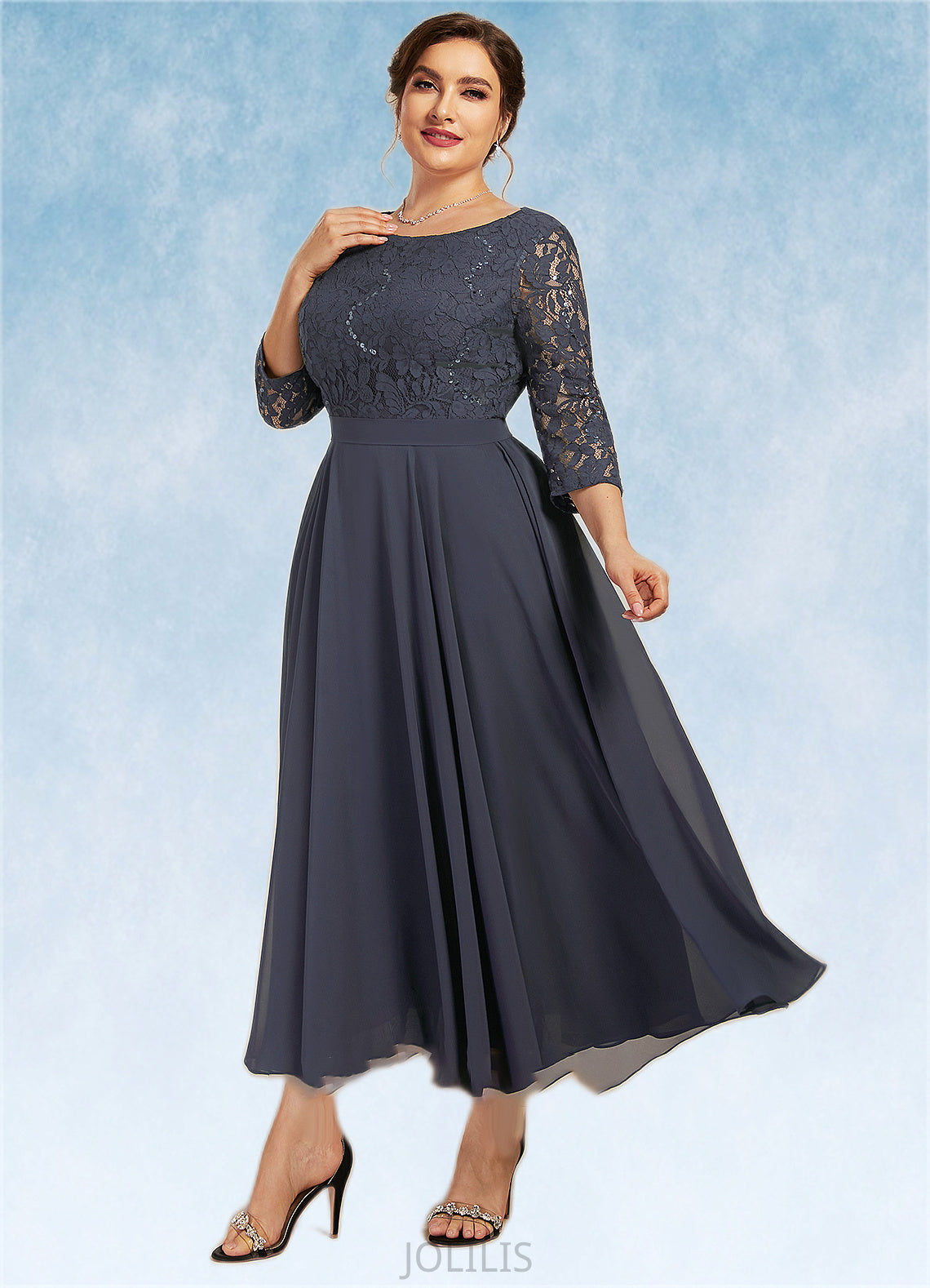 Mackenzie A-Line Scoop Neck Tea-Length Chiffon Lace Mother of the Bride Dress With Sequins HI126P0014621