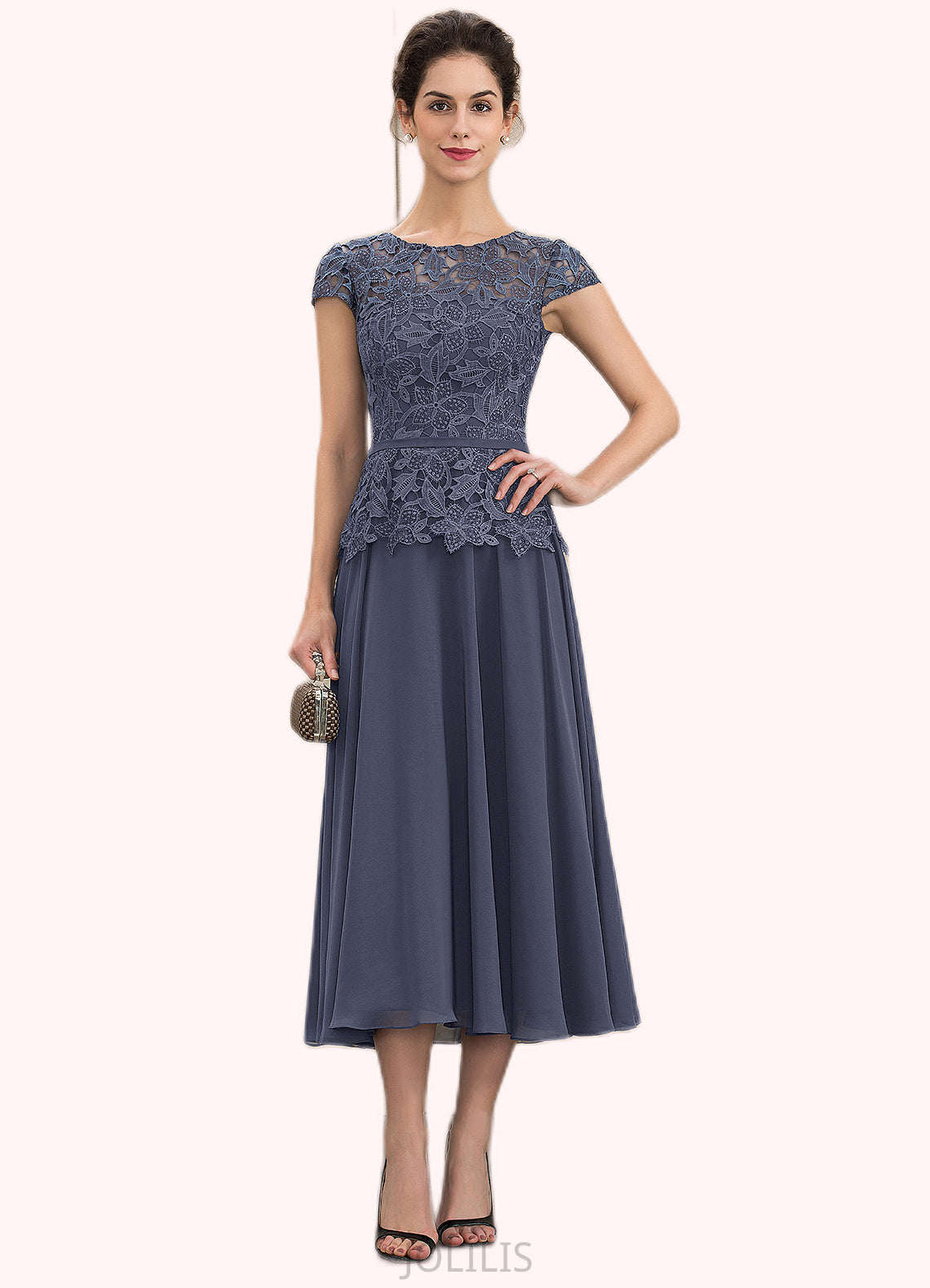 Gemma A-Line Scoop Neck Tea-Length Chiffon Lace Mother of the Bride Dress HI126P0014627