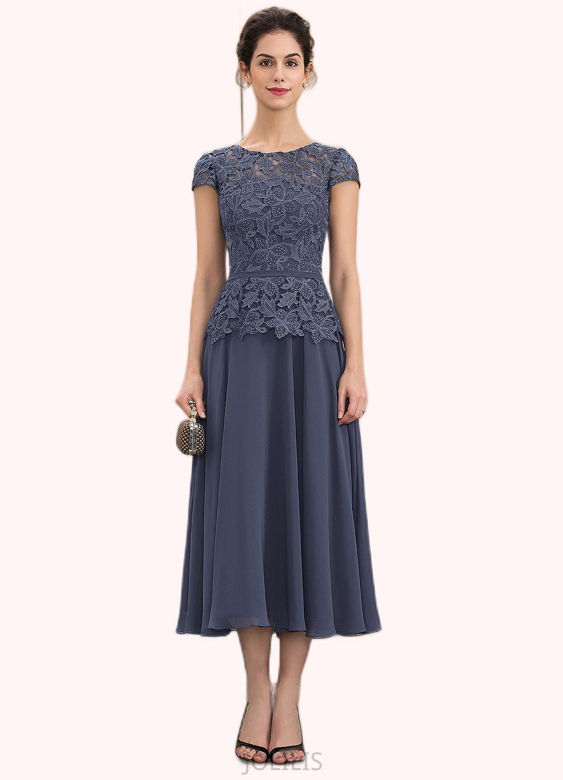 Gemma A-Line Scoop Neck Tea-Length Chiffon Lace Mother of the Bride Dress HI126P0014627